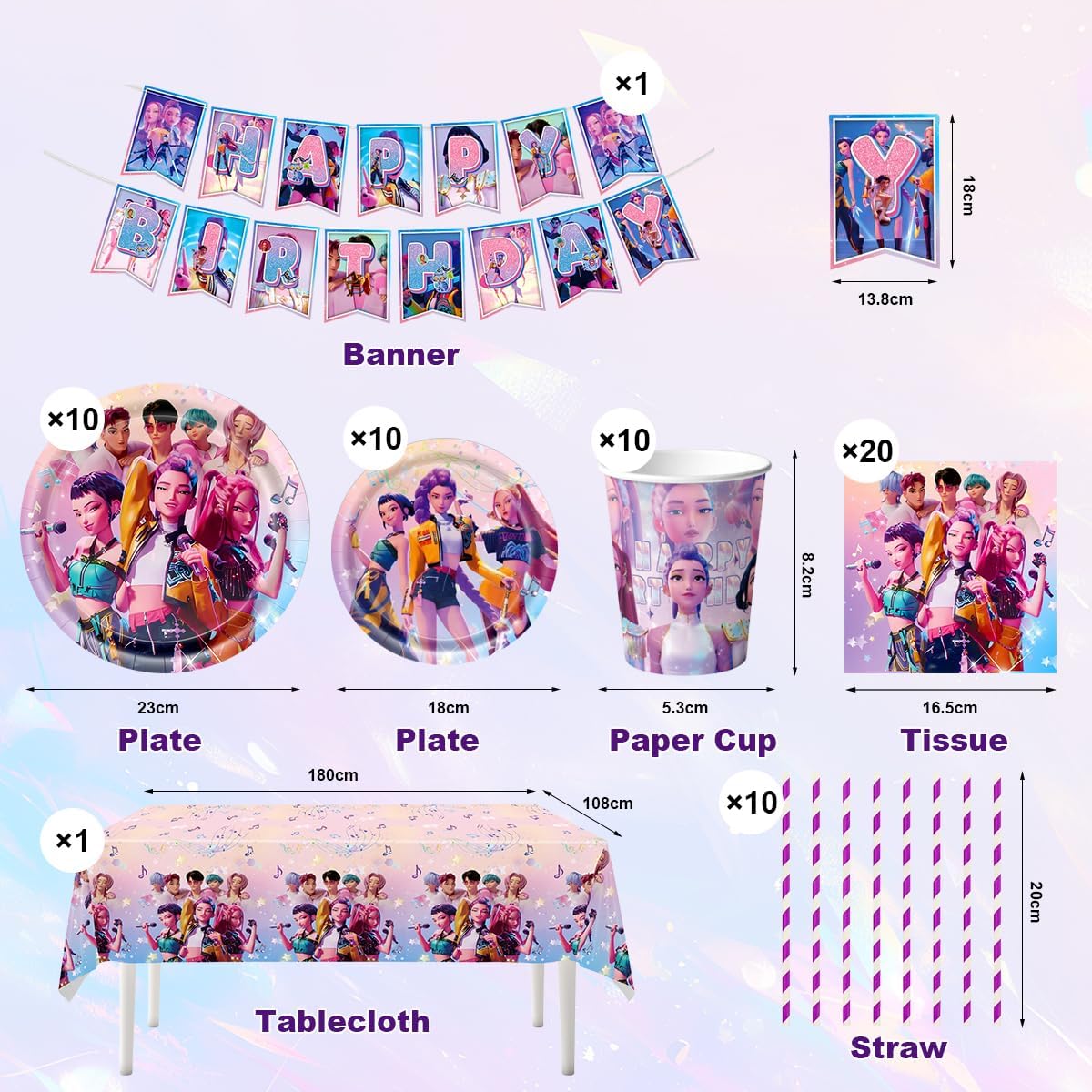 62 Pcs Hun-ters Anniversaire Vaisselle Kit, De-mon Hun-trix Décorations Anniversaire, Fournitures de Fête - Assiettes Gobelets Serviettes Nappes Bannières pour Fans Enfant (Rose)