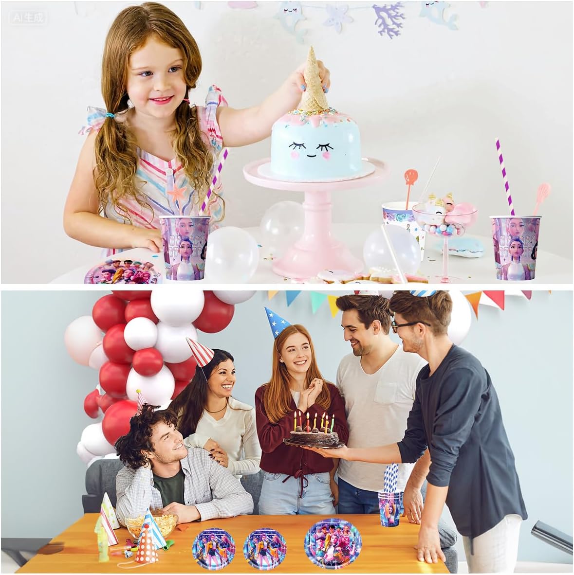 62 Pcs Hun-ters Anniversaire Vaisselle Kit, De-mon Hun-trix Décorations Anniversaire, Fournitures de Fête - Assiettes Gobelets Serviettes Nappes Bannières pour Fans Enfant (Rose)