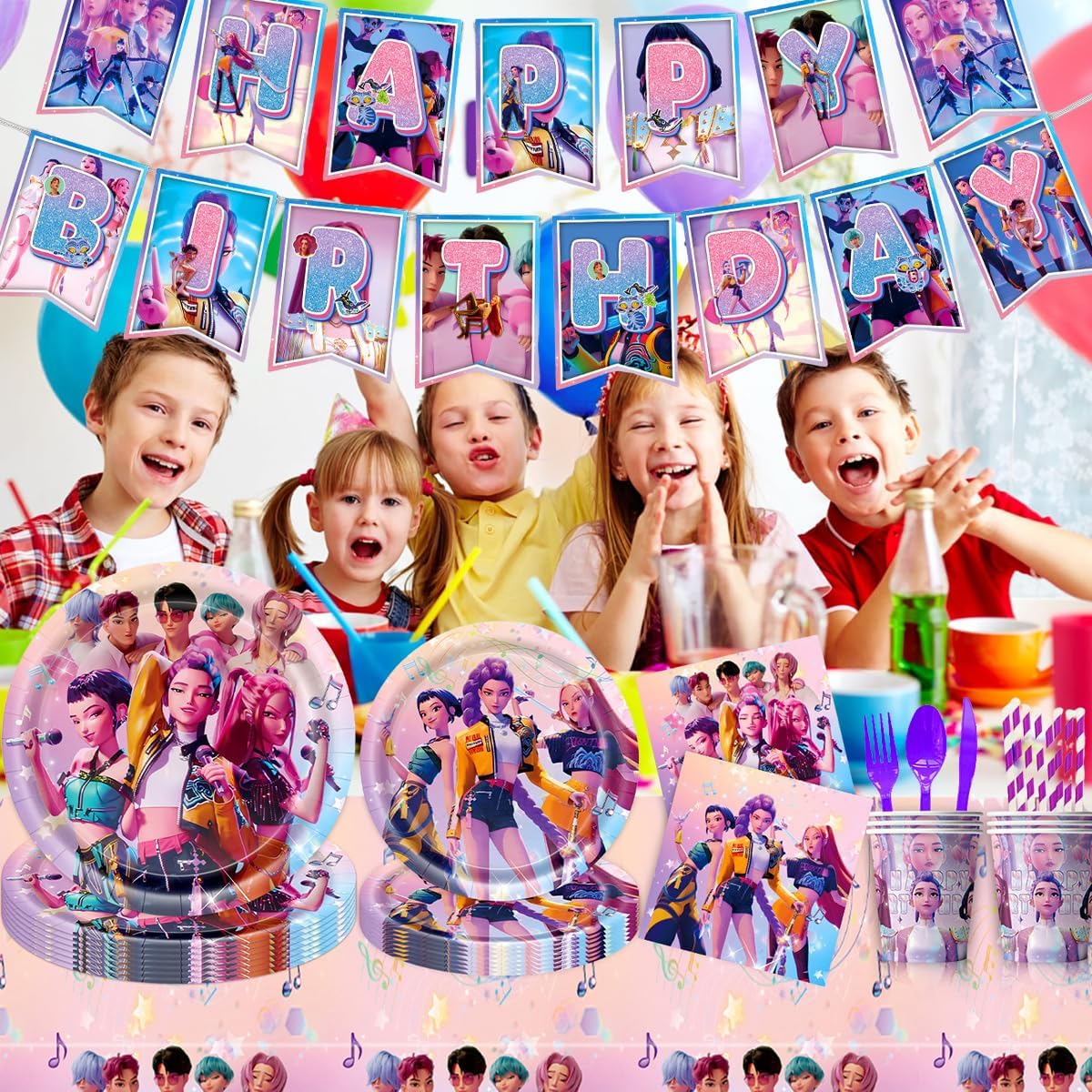 62 Pcs Hun-ters Anniversaire Vaisselle Kit, De-mon Hun-trix Décorations Anniversaire, Fournitures de Fête - Assiettes Gobelets Serviettes Nappes Bannières pour Fans Enfant (Rose)