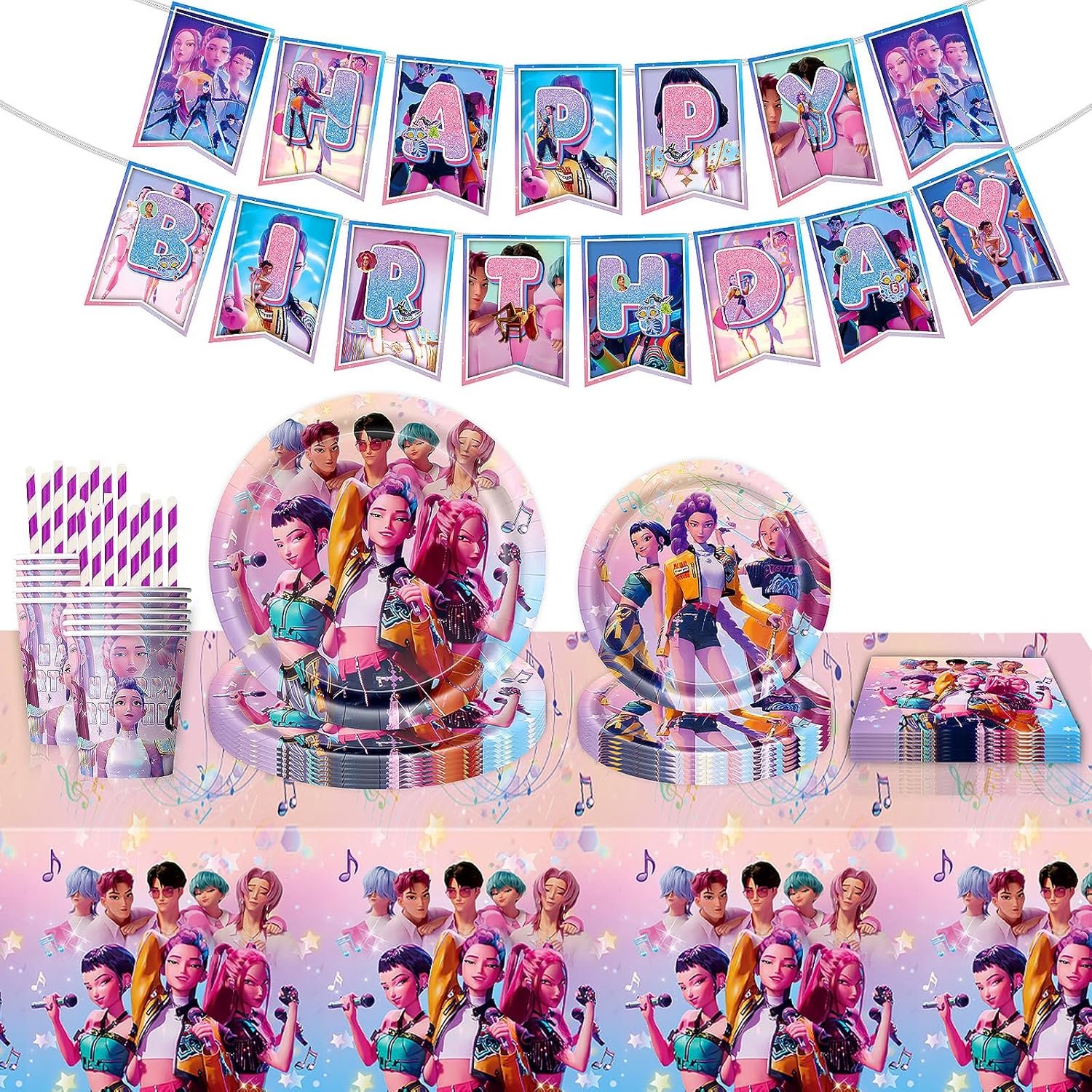 62 Pcs Hun-ters Anniversaire Vaisselle Kit, De-mon Hun-trix Décorations Anniversaire, Fournitures de Fête - Assiettes Gobelets Serviettes Nappes Bannières pour Fans Enfant (Rose)