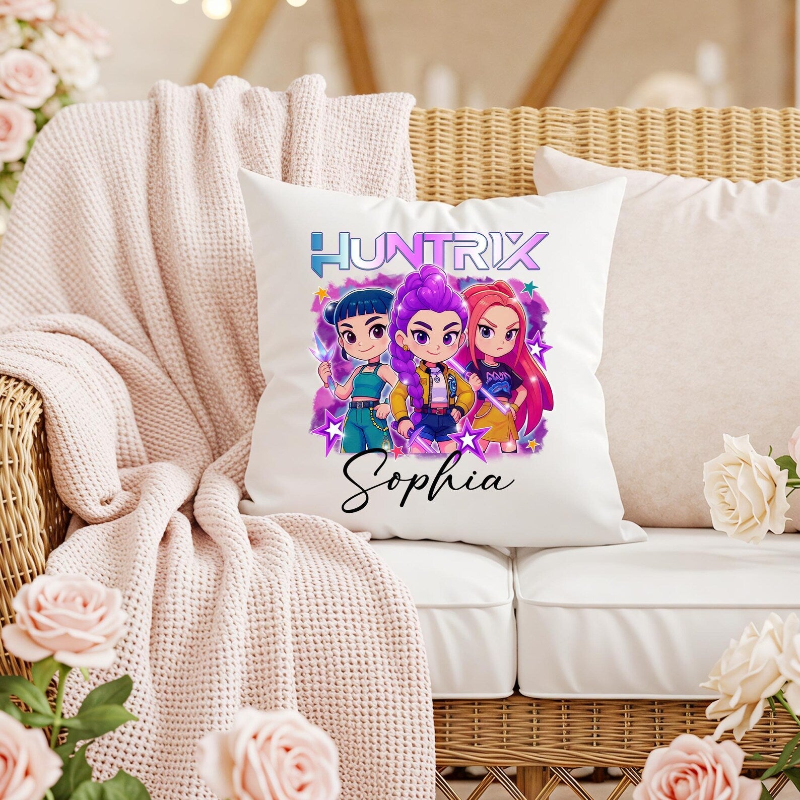 Oreiller Kpop Demon Hunters, oreiller en peluche Rumi Mira Zoey