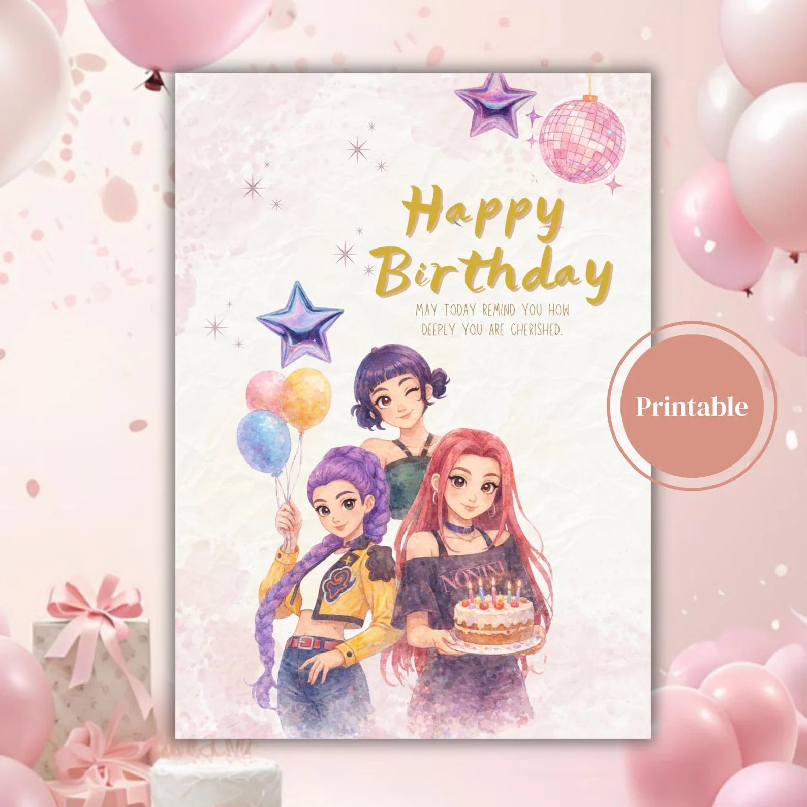 Carte d'anniversaire de chasseurs de démons K-Pop à imprimer | Joyeux anniversaire Kpop Huntrix | Carte d'anniversaire pour enfants |