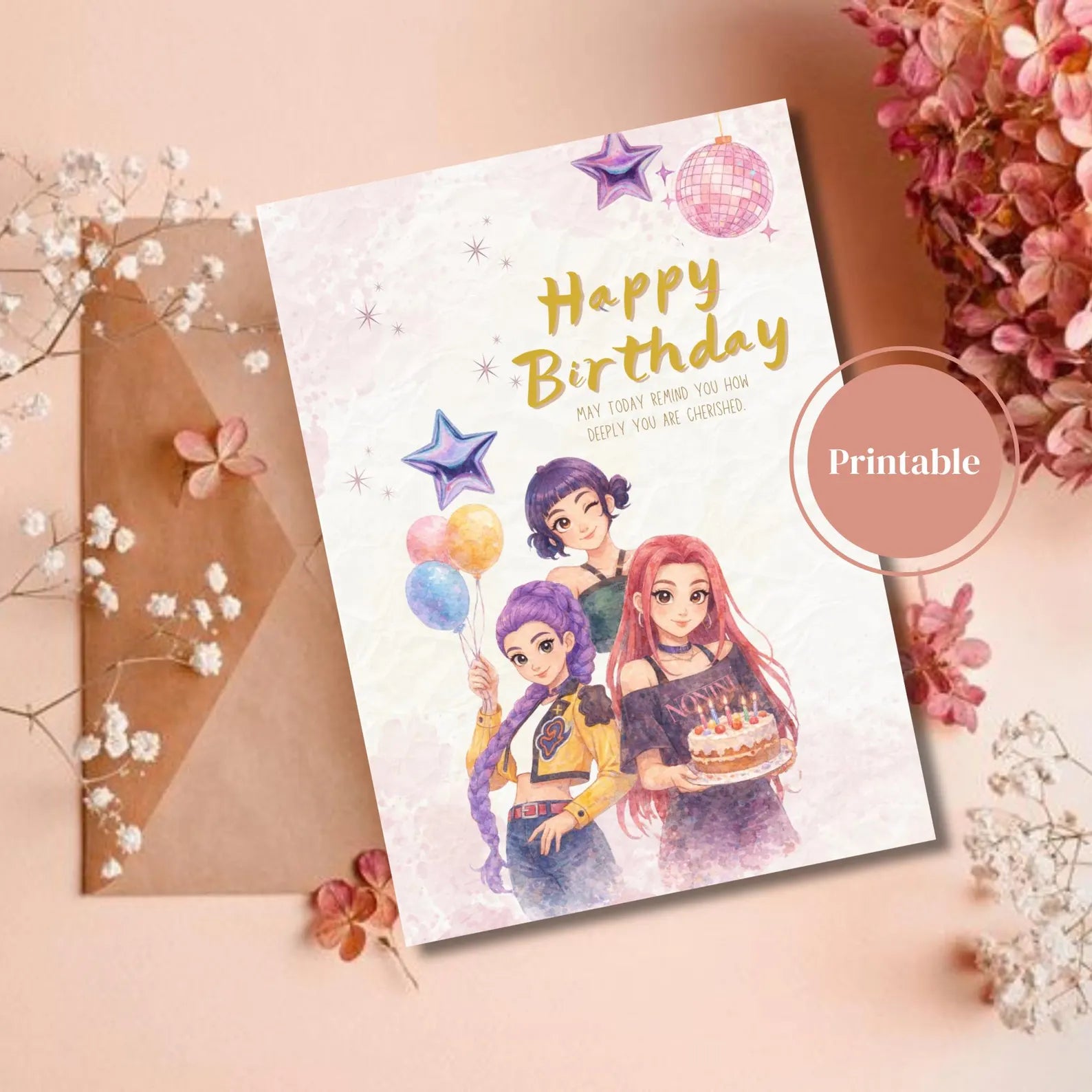 Carte d'anniversaire de chasseurs de démons K-Pop à imprimer | Joyeux anniversaire Kpop Huntrix | Carte d'anniversaire pour enfants |