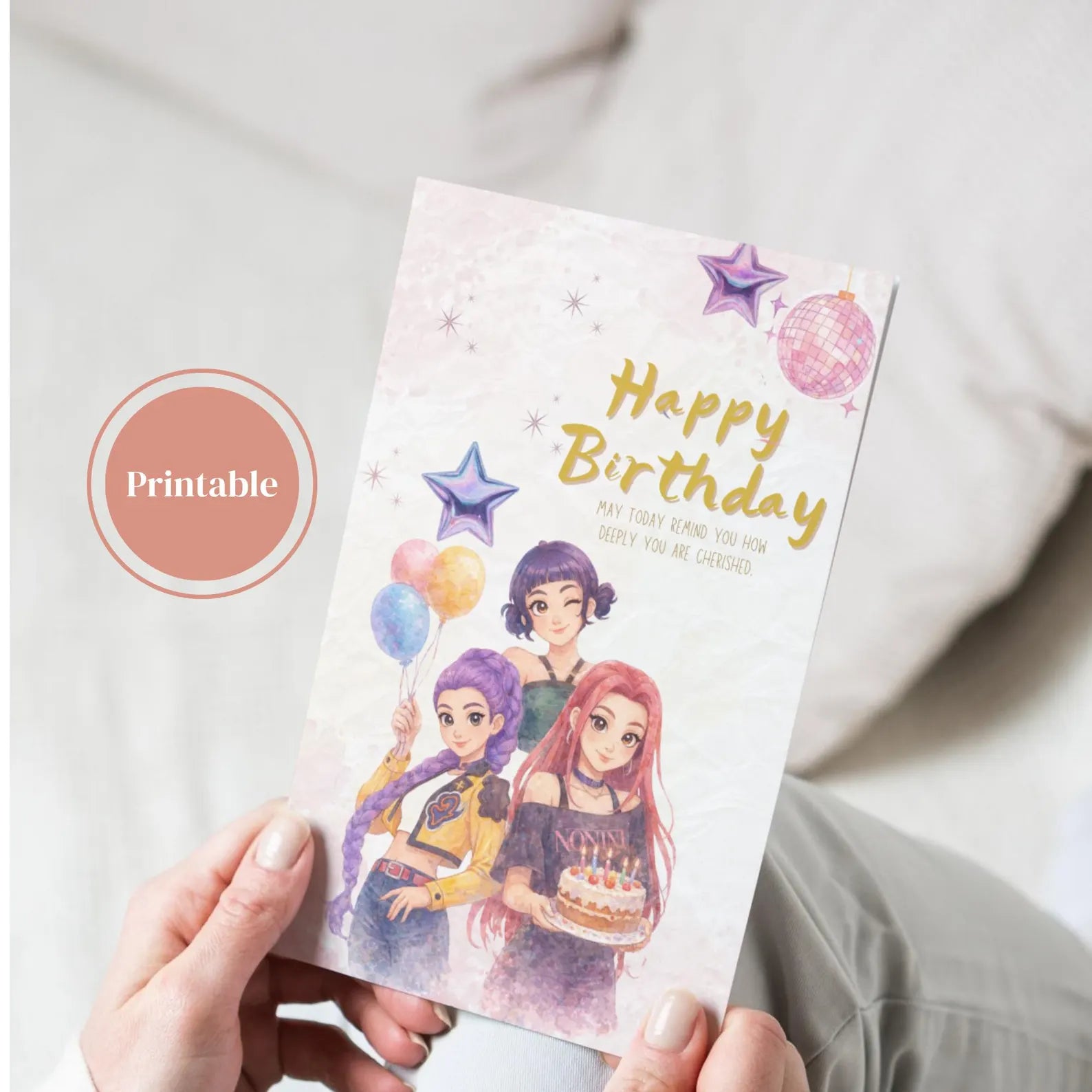 Carte d'anniversaire de chasseurs de démons K-Pop à imprimer | Joyeux anniversaire Kpop Huntrix | Carte d'anniversaire pour enfants |